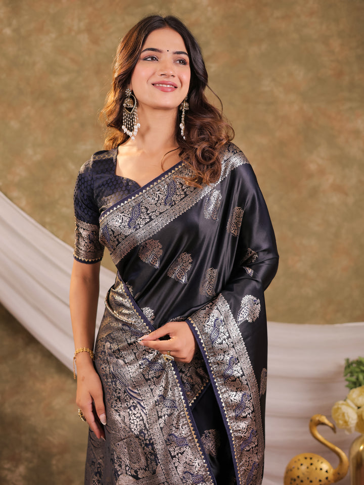 Dark Navy Blue Kanjivaram Banarasi Satin Silk Saree with Rich Zari Weaving, Designer Border & Tassel Pallu