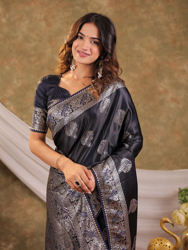 Dark Navy Blue Kanjivaram Banarasi Satin Silk Saree with Rich Zari Weaving, Designer Border & Tassel Pallu