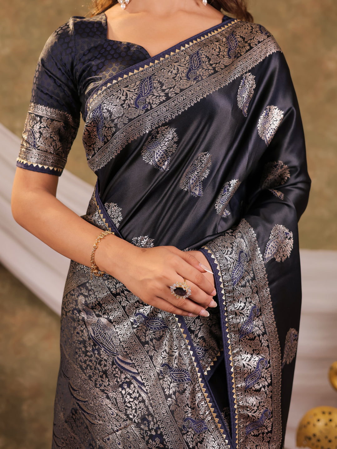Dark Navy Blue Kanjivaram Banarasi Satin Silk Saree with Rich Zari Weaving, Designer Border & Tassel Pallu