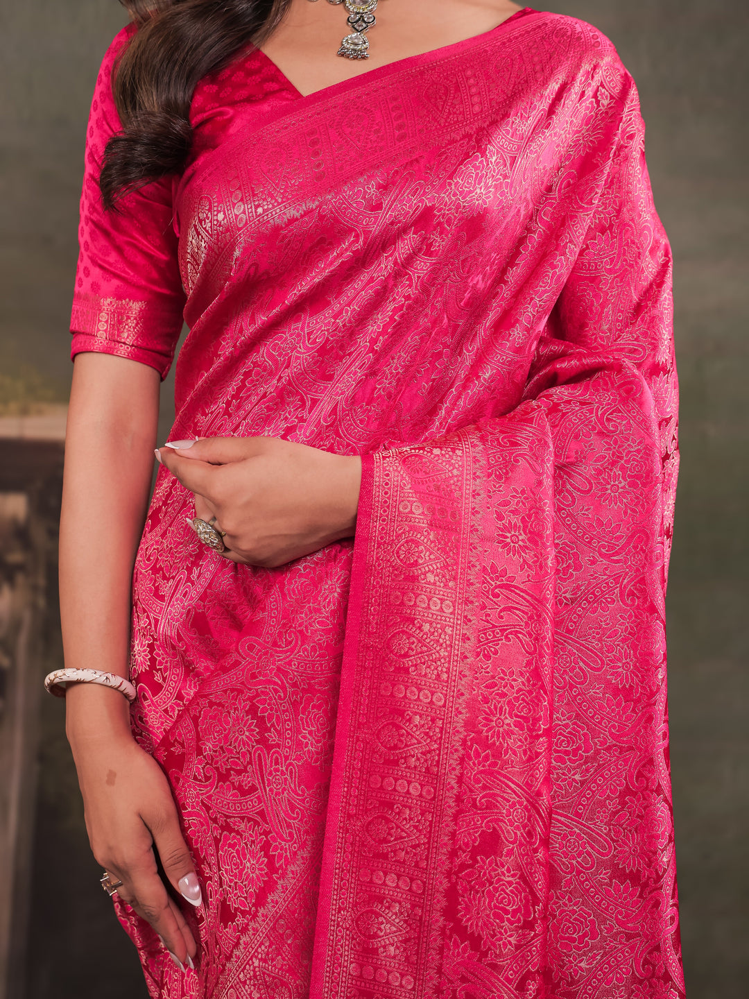 Rani Pink Satin Silk Saree with All-Over Floral Jacquard Weaving, Rich Zari Border, Grand Designer Pallu & Tassel Edges