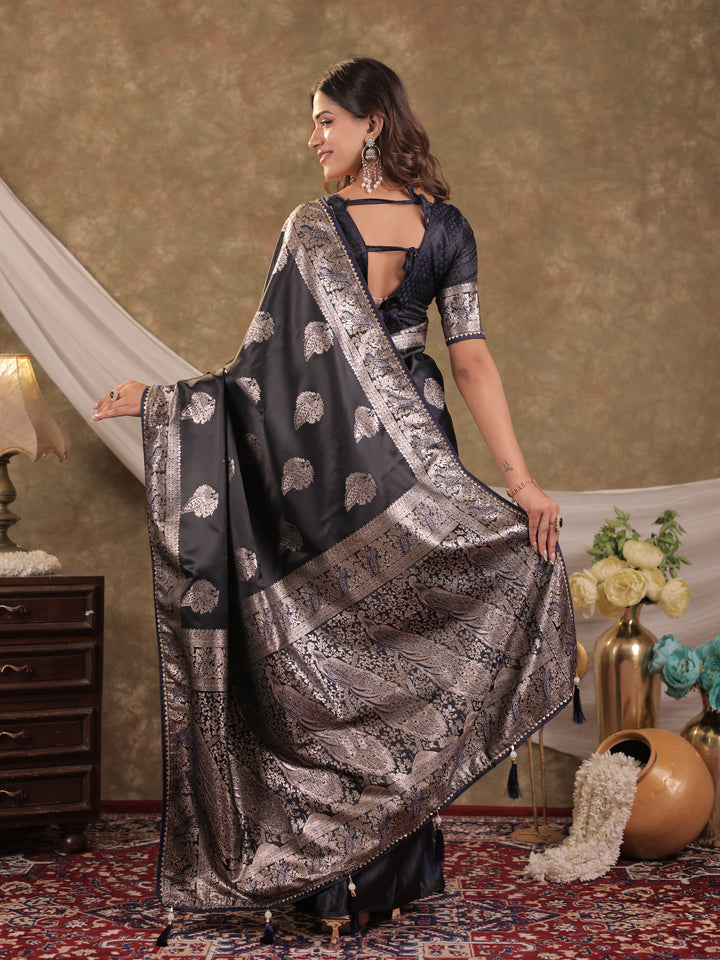 Dark Navy Blue Kanjivaram Banarasi Satin Silk Saree with Rich Zari Weaving, Designer Border & Tassel Pallu
