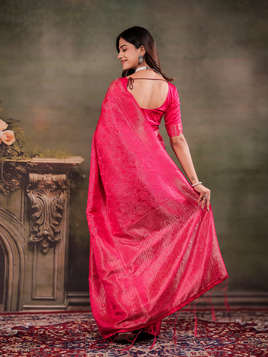 Rani Pink Satin Silk Saree with All-Over Floral Jacquard Weaving, Rich Zari Border, Grand Designer Pallu & Tassel Edges