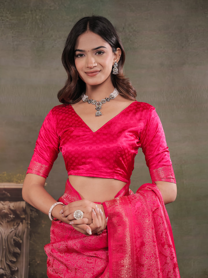 Rani Pink Satin Silk Saree with All-Over Floral Jacquard Weaving, Rich Zari Border, Grand Designer Pallu & Tassel Edges