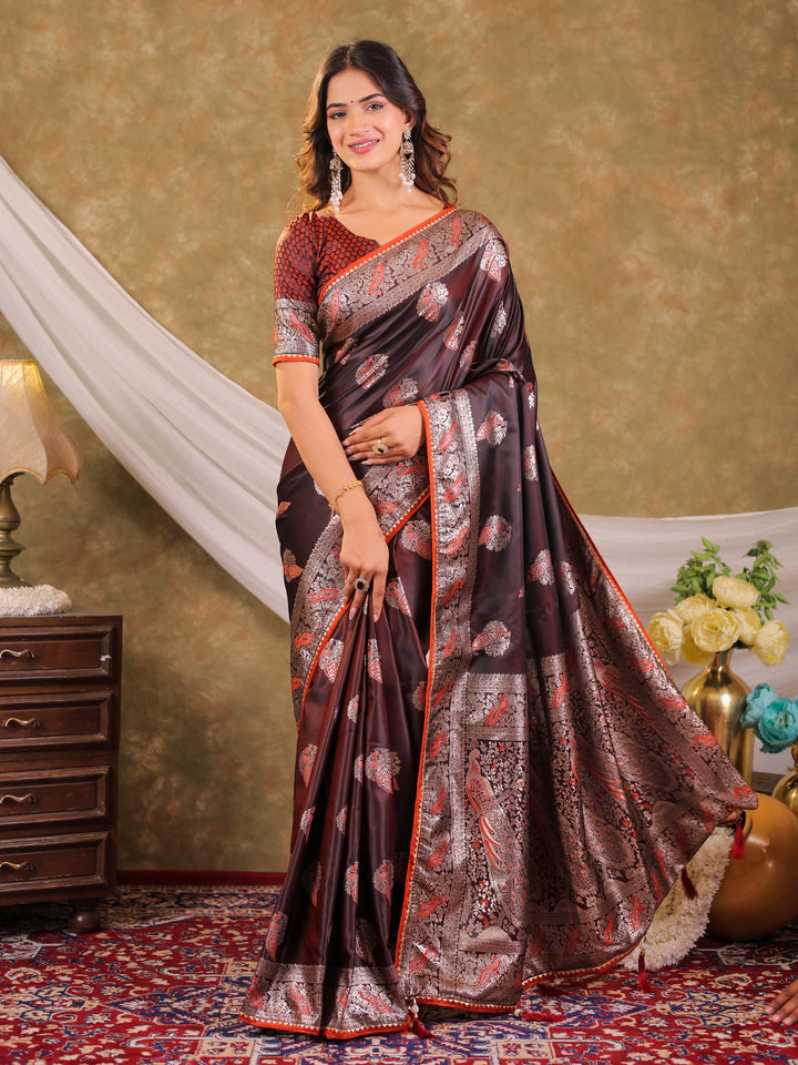 Chocolate Brown Kanjivaram Banarasi Satin Silk Saree with Rich Silver Zari Weaving, Peacock Pallu & Tassel Detailing
