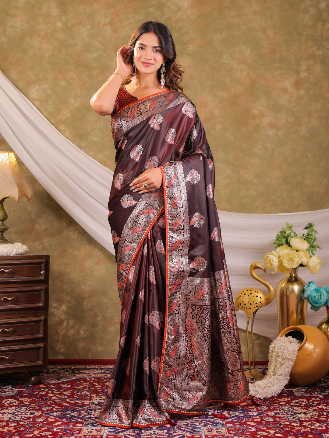 Chocolate Brown Kanjivaram Banarasi Satin Silk Saree with Rich Silver Zari Weaving, Peacock Pallu & Tassel Detailing