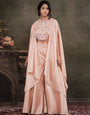 Blush Pink Satin Co-Ord Set with Intricate Embroidered Cape Sleeves & Wide-Leg Palazzo