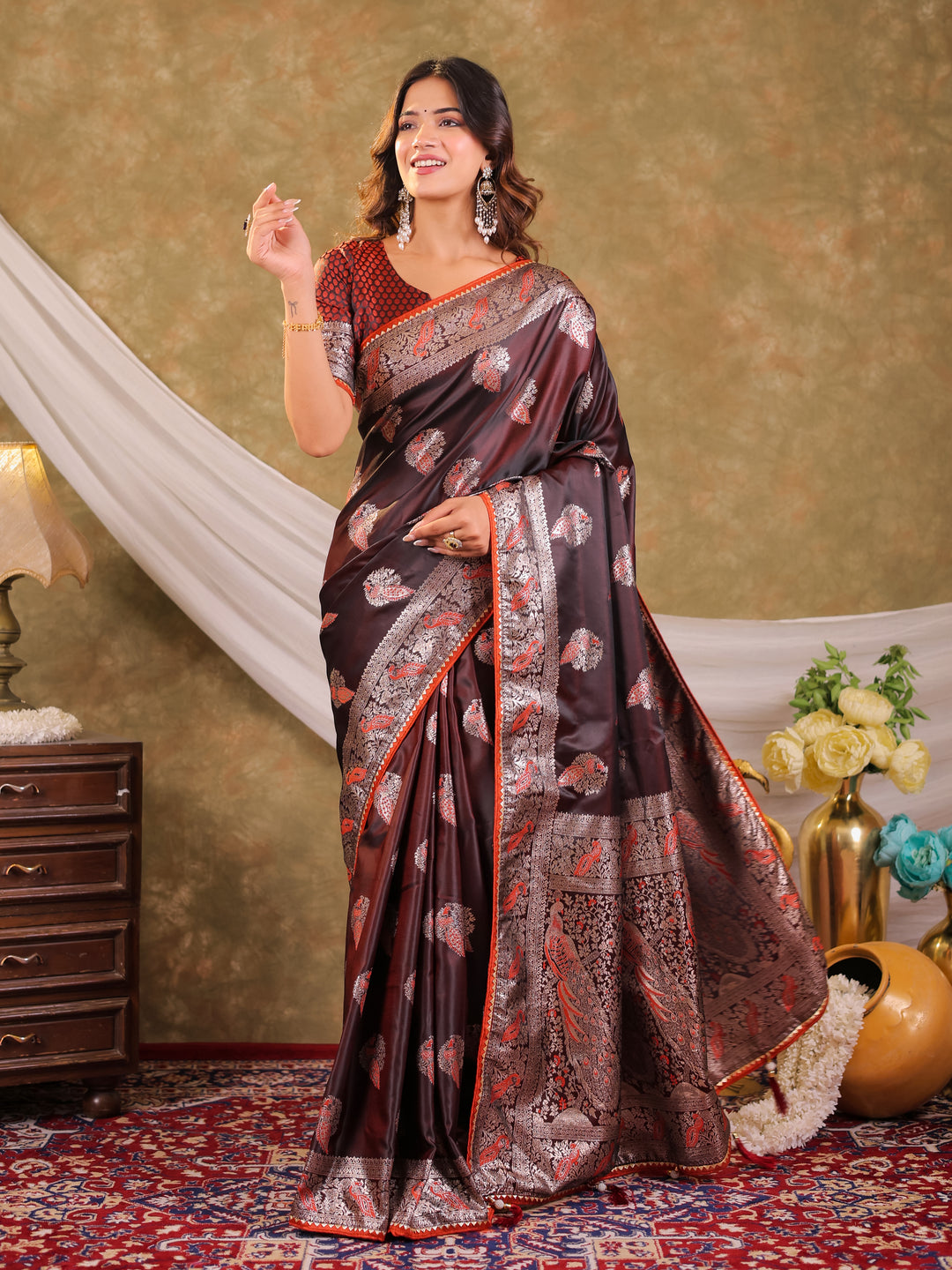 Chocolate Brown Kanjivaram Banarasi Satin Silk Saree with Rich Silver Zari Weaving, Peacock Pallu & Tassel Detailing