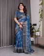 Indigo Blue Handloom Linen Saree with White Village & Tree Print Pallu | Zari Woven Border | 5.5m Saree + 0.8m Blouse | Elegant Pallu Tassels