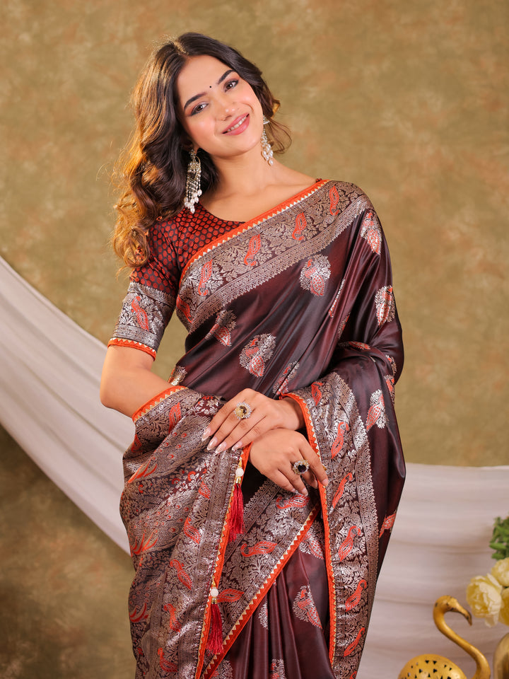 Chocolate Brown Kanjivaram Banarasi Satin Silk Saree with Rich Silver Zari Weaving, Peacock Pallu & Tassel Detailing