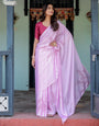 Lilac Pink Designer Freehand Saree with Maroon Leaf Motif & Wine Blouse | Satin Georgette | Handsfree Pallu Style