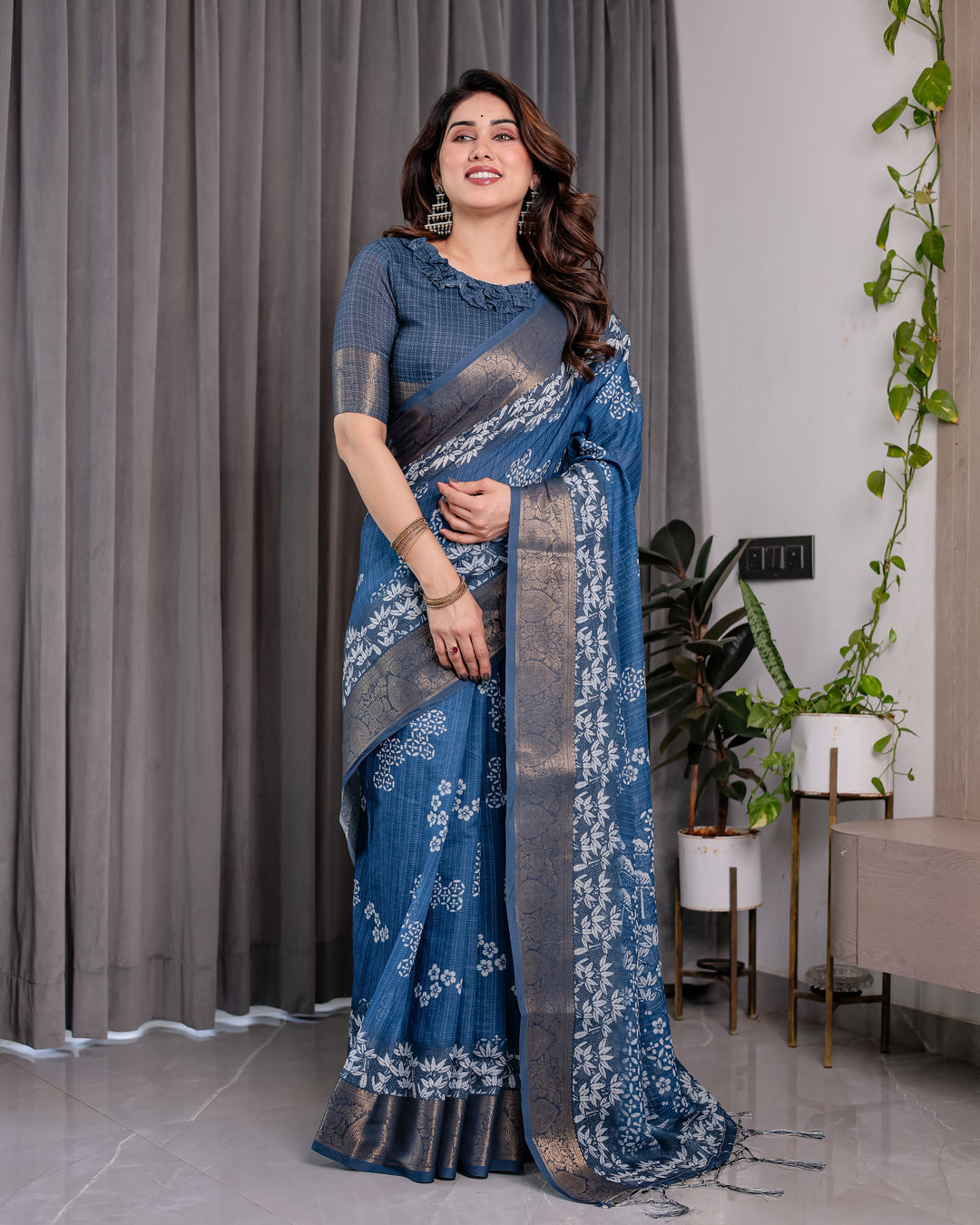 Indigo Blue Handloom Linen Saree with White Village & Tree Print Pallu | Zari Woven Border | 5.5m Saree + 0.8m Blouse | Elegant Pallu Tassels