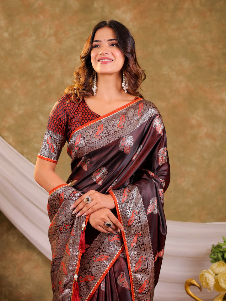 Chocolate Brown Kanjivaram Banarasi Satin Silk Saree with Rich Silver Zari Weaving, Peacock Pallu & Tassel Detailing