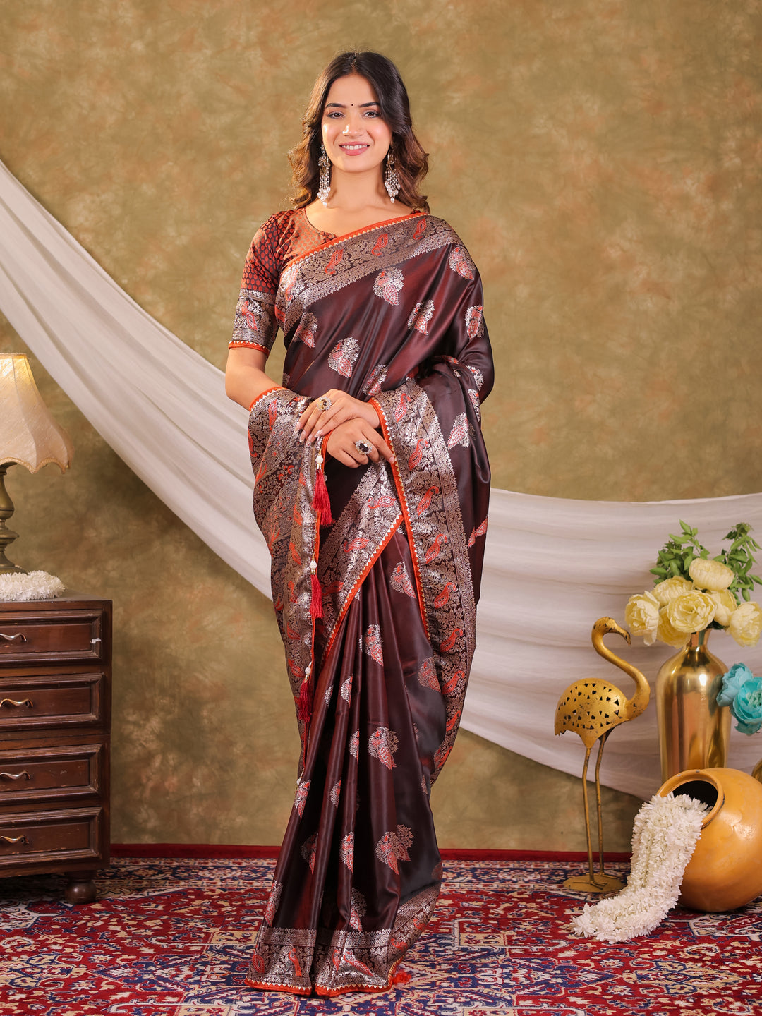 Chocolate Brown Kanjivaram Banarasi Satin Silk Saree with Rich Silver Zari Weaving, Peacock Pallu & Tassel Detailing