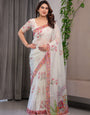 Ivory White Designer Organza Saree with Royal Elephant & Camel Motifs | Floral Printed Lightweight Organza Saree with Attached Blouse | Festive & Ethnic Wear Saree