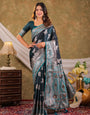 Dark Teal Green Kanjivaram Banarasi Satin Silk Saree with Intricate Silver Zari Weaving, Heritage Pallu & Tassel Detailing
