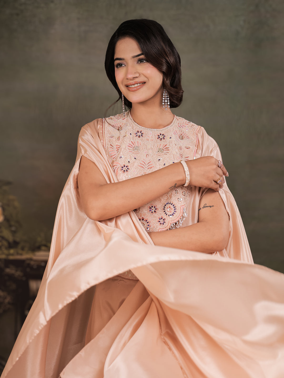 Blush Pink Satin Co-Ord Set with Intricate Embroidered Cape Sleeves & Wide-Leg Palazzo
