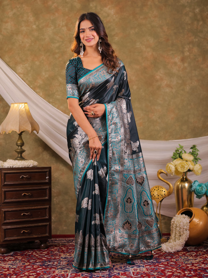 Dark Teal Green Kanjivaram Banarasi Satin Silk Saree with Intricate Silver Zari Weaving, Heritage Pallu & Tassel Detailing