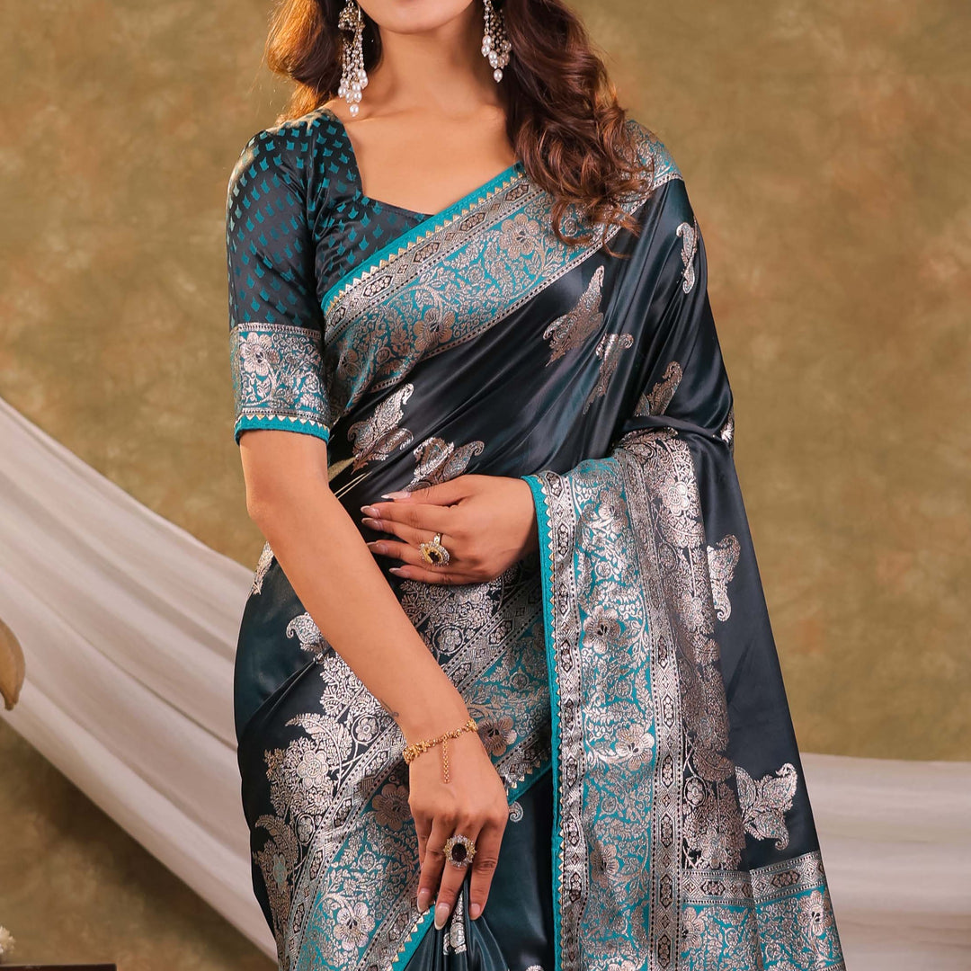 Dark Teal Green Kanjivaram Banarasi Satin Silk Saree with Intricate Silver Zari Weaving, Heritage Pallu & Tassel Detailing