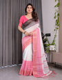 White & Charcoal Handloom Linen Saree with Pink Striped Pallu & Zari Woven Borders | 5.5m Saree + 0.8m Blouse | Elegant Tassel Finish
