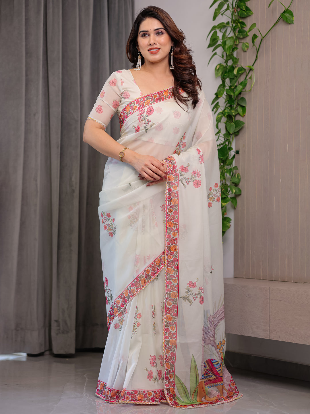 Ivory White Designer Organza Saree with Royal Elephant & Camel Motifs | Floral Printed Lightweight Organza Saree with Attached Blouse | Festive & Ethnic Wear Saree