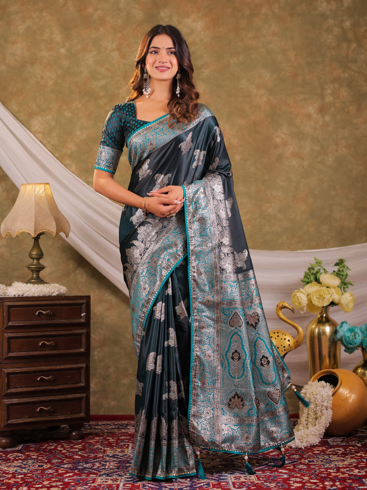 Dark Teal Green Kanjivaram Banarasi Satin Silk Saree with Intricate Silver Zari Weaving, Heritage Pallu & Tassel Detailing
