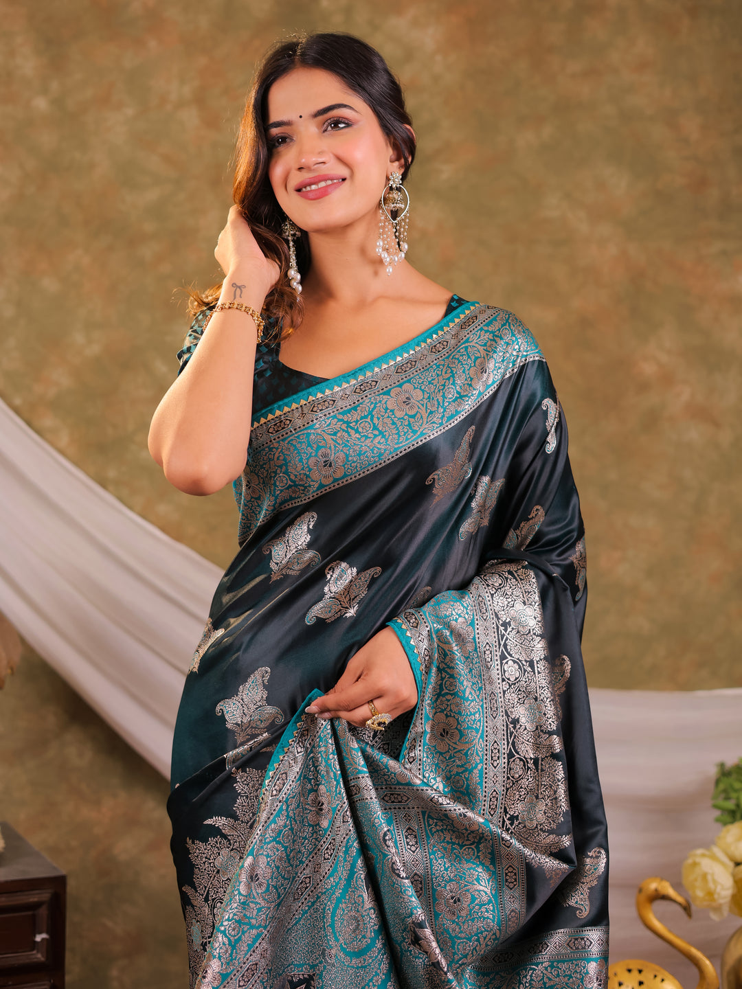 Dark Teal Green Kanjivaram Banarasi Satin Silk Saree with Intricate Silver Zari Weaving, Heritage Pallu & Tassel Detailing