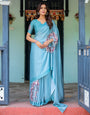 Teal Blue Designer Freehand Saree with Lotus Mandala Pallu & Matching Blouse | Satin Georgette | Handsfree Pallu Feature