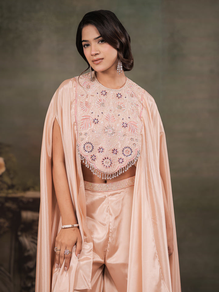 Blush Pink Satin Co-Ord Set with Intricate Embroidered Cape Sleeves & Wide-Leg Palazzo