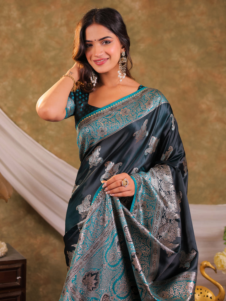 Dark Teal Green Kanjivaram Banarasi Satin Silk Saree with Intricate Silver Zari Weaving, Heritage Pallu & Tassel Detailing
