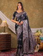 Dark Navy Blue Kanjivaram Banarasi Satin Silk Saree with Intricate Silver Zari Weaving, Heritage Pallu & Tassel Detailing