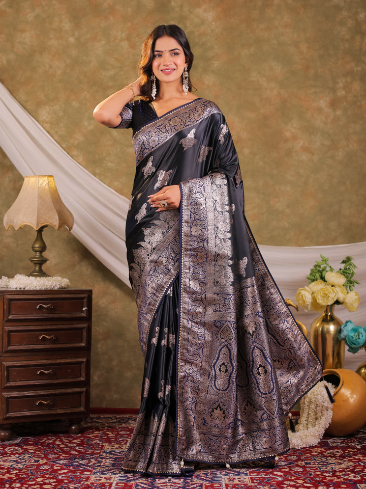 Dark Navy Blue Kanjivaram Banarasi Satin Silk Saree with Intricate Silver Zari Weaving, Heritage Pallu & Tassel Detailing