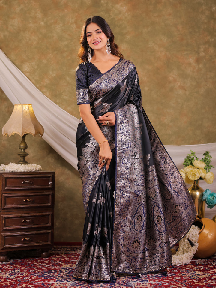 Dark Navy Blue Kanjivaram Banarasi Satin Silk Saree with Intricate Silver Zari Weaving, Heritage Pallu & Tassel Detailing