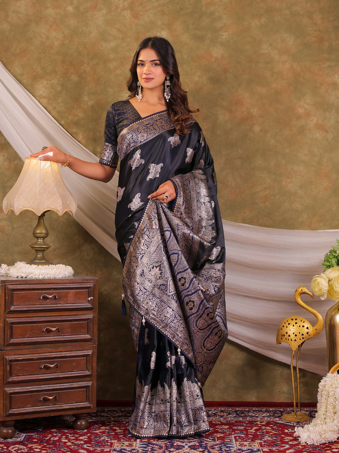 Dark Navy Blue Kanjivaram Banarasi Satin Silk Saree with Intricate Silver Zari Weaving, Heritage Pallu & Tassel Detailing