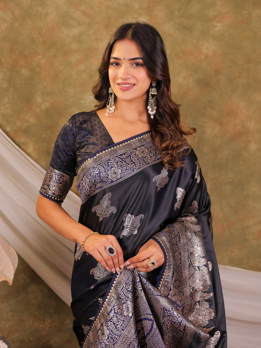 Dark Navy Blue Kanjivaram Banarasi Satin Silk Saree with Intricate Silver Zari Weaving, Heritage Pallu & Tassel Detailing