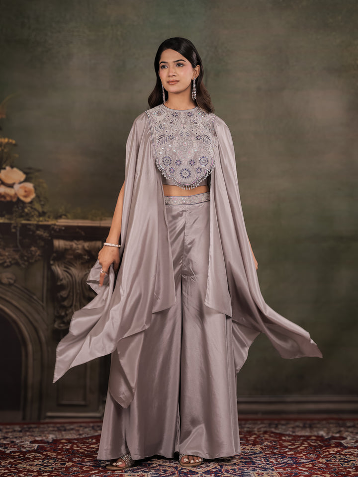 Silver Grey Satin Co-Ord Set with Intricate Embroidered Cape Sleeves & Wide-Leg Palazzo