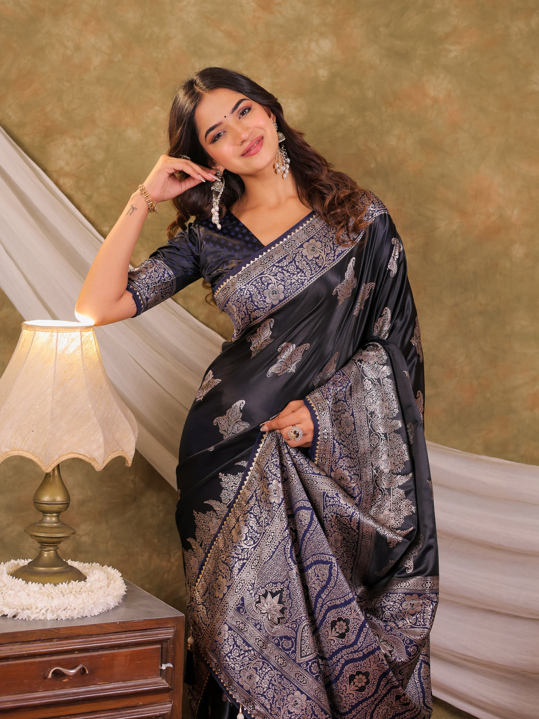 Dark Navy Blue Kanjivaram Banarasi Satin Silk Saree with Intricate Silver Zari Weaving, Heritage Pallu & Tassel Detailing