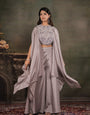 Silver Grey Satin Co-Ord Set with Intricate Embroidered Cape Sleeves & Wide-Leg Palazzo