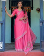 Bright Pink Designer Saree with White Striped Border & Mandala Art | Satin Georgette | Handsfree Pallu | Matching Blouse