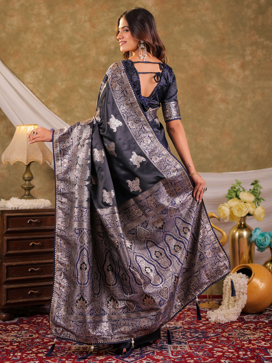 Dark Navy Blue Kanjivaram Banarasi Satin Silk Saree with Intricate Silver Zari Weaving, Heritage Pallu & Tassel Detailing