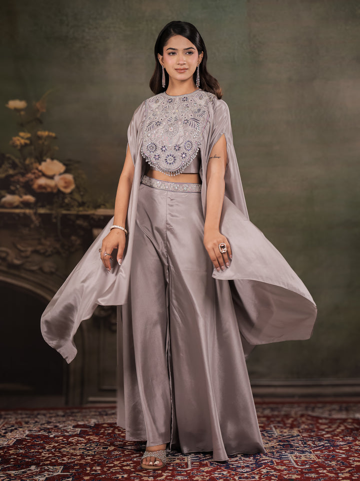 Silver Grey Satin Co-Ord Set with Intricate Embroidered Cape Sleeves & Wide-Leg Palazzo