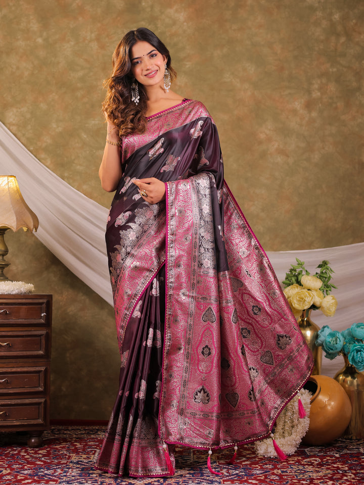 Wine Purple Kanjivaram Banarasi Satin Silk Saree with Rich Silver Zari Weaving, Heritage Pallu & Tassel Detailing