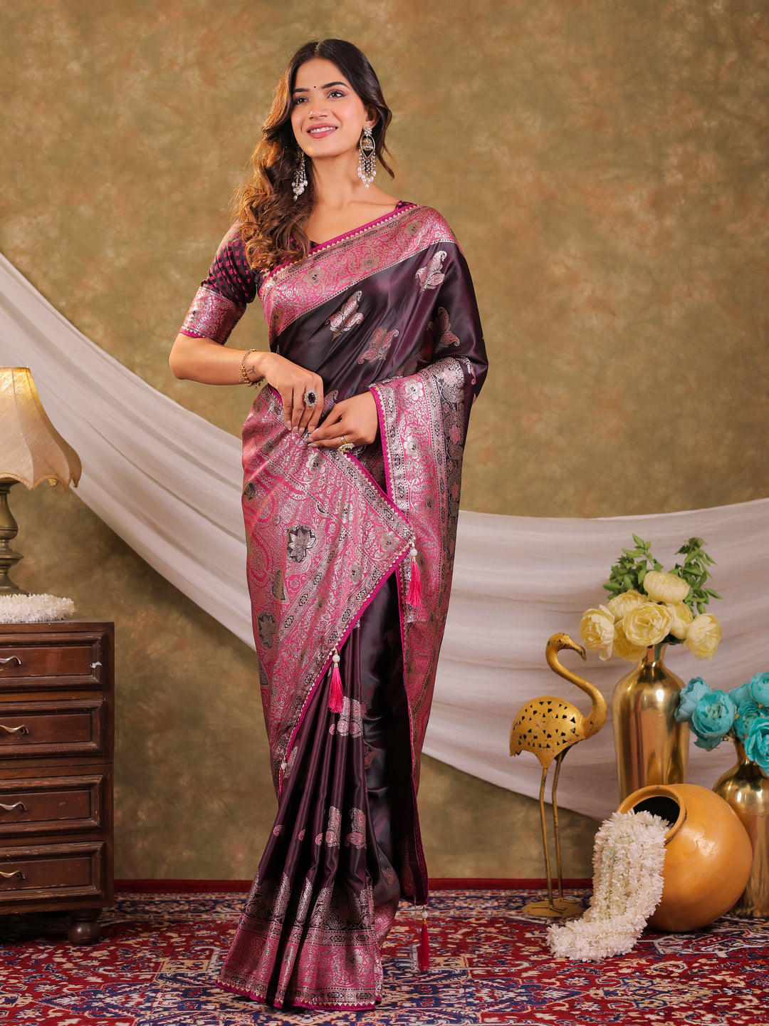 Wine Purple Kanjivaram Banarasi Satin Silk Saree with Rich Silver Zari Weaving, Heritage Pallu & Tassel Detailing
