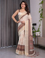Ivory Beige Handloom Linen Saree with Rustic Floral Print & Brown Ornamental Pallu | Zari Borders & Tassels | 5.5m Saree + 0.8m Blouse