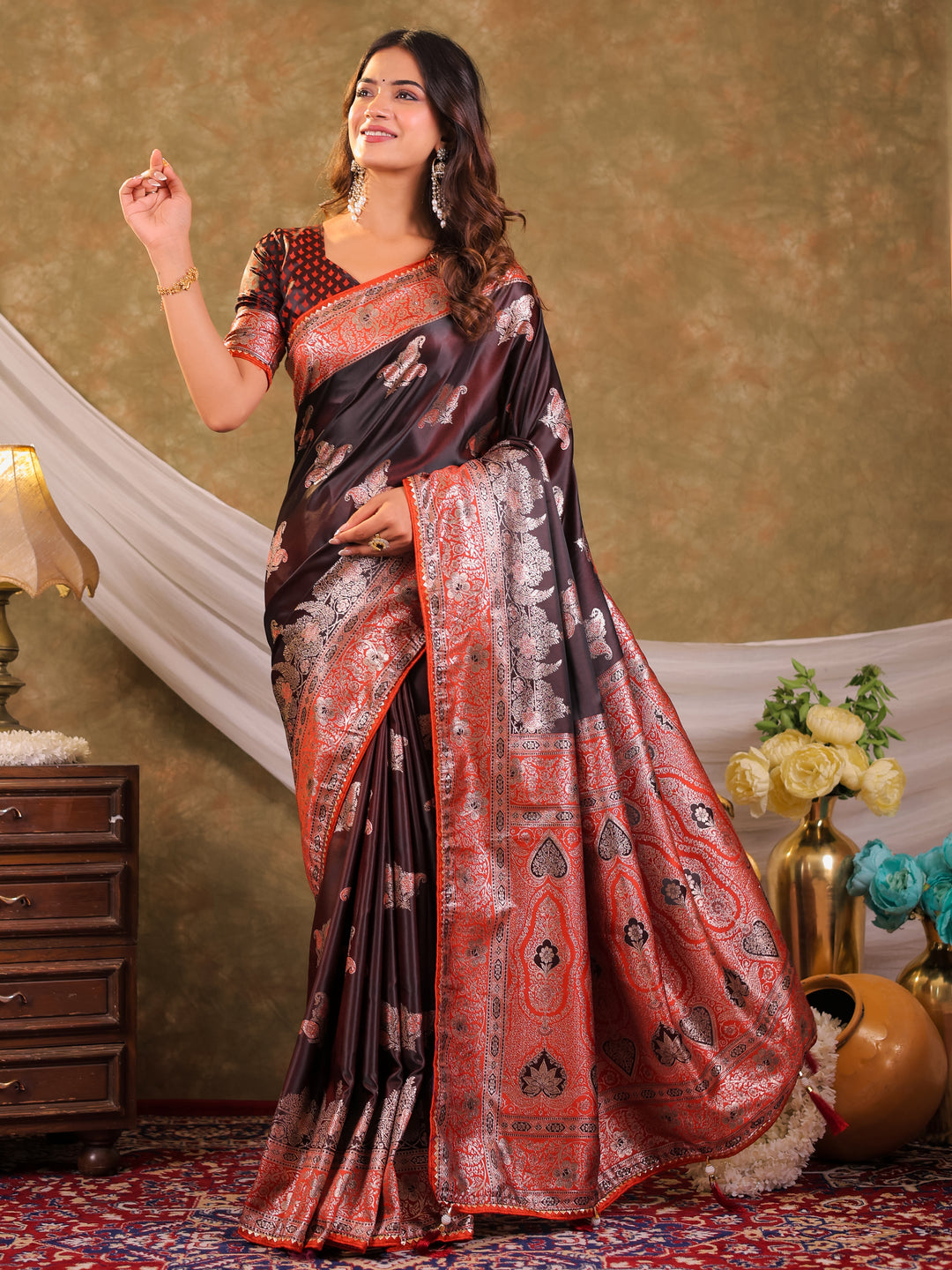 Chocolate Brown Kanjivaram Banarasi Satin Silk Saree with Rich Silver Zari Weaving, Designer Heritage Pallu & Tassel Detailing