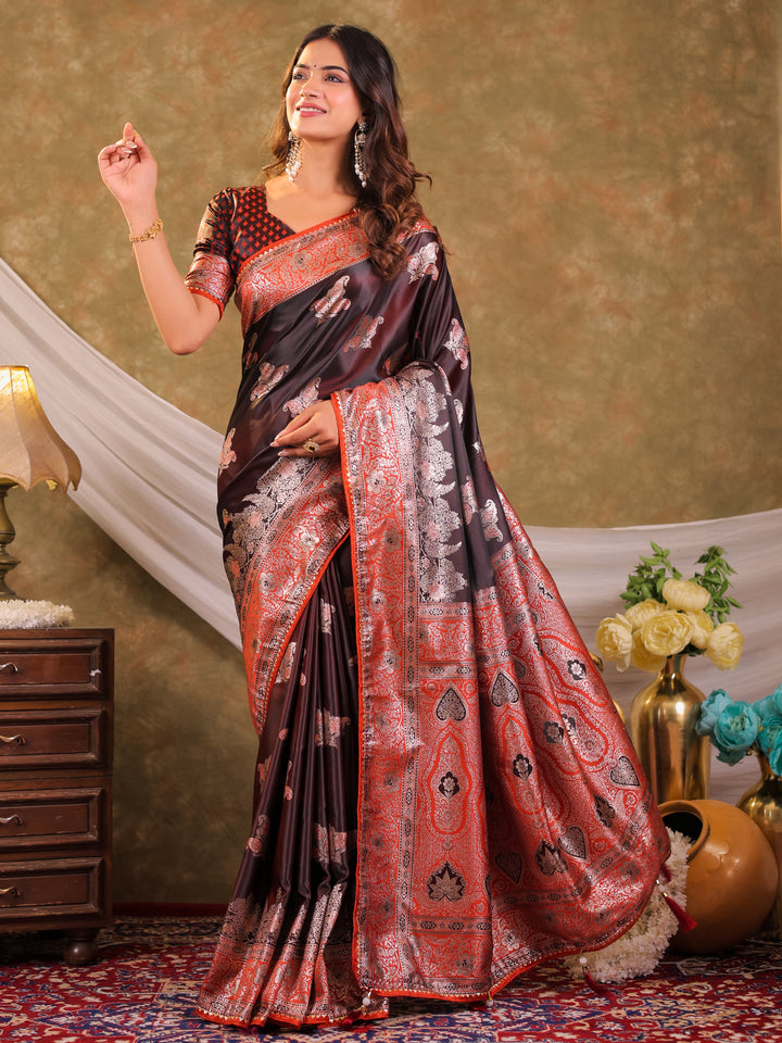 Chocolate Brown Kanjivaram Banarasi Satin Silk Saree with Rich Silver Zari Weaving, Designer Heritage Pallu & Tassel Detailing