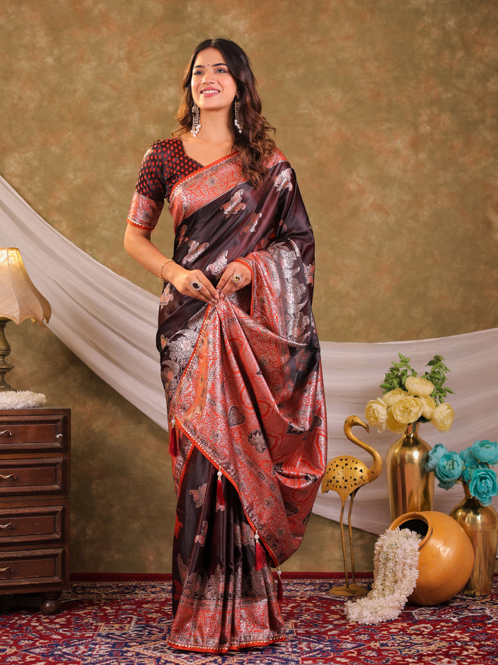 Chocolate Brown Kanjivaram Banarasi Satin Silk Saree with Rich Silver Zari Weaving, Designer Heritage Pallu & Tassel Detailing