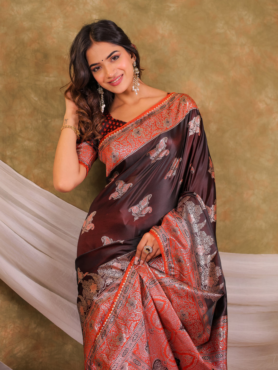 Chocolate Brown Kanjivaram Banarasi Satin Silk Saree with Rich Silver Zari Weaving, Designer Heritage Pallu & Tassel Detailing