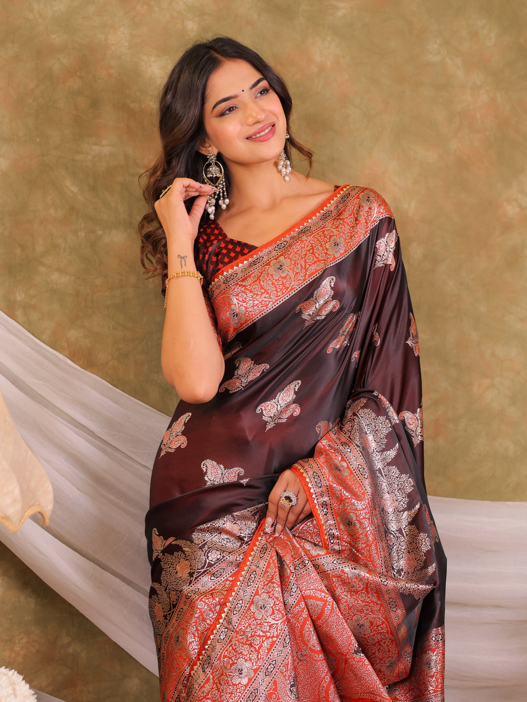 Chocolate Brown Kanjivaram Banarasi Satin Silk Saree with Rich Silver Zari Weaving, Designer Heritage Pallu & Tassel Detailing