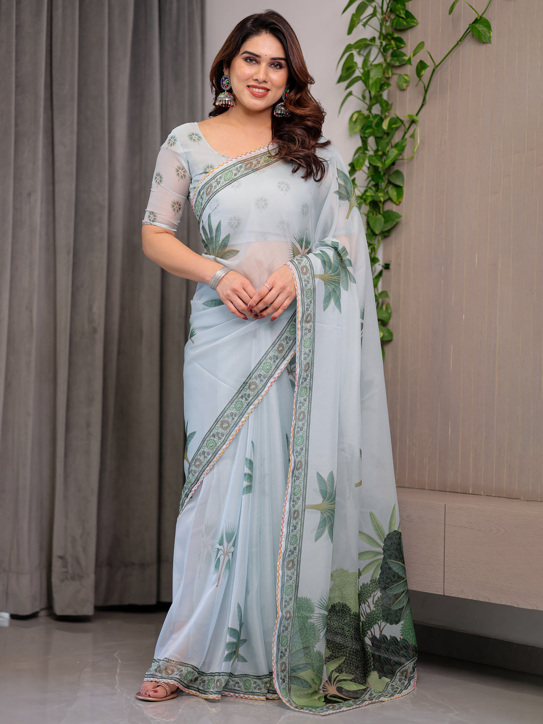 Pastel Mint Green Printed Organza Saree with Tropical Leaf Motifs | Designer Lightweight Sheer Organza Saree with Attached Blouse Piece | Elegant Festive & Day Party Saree