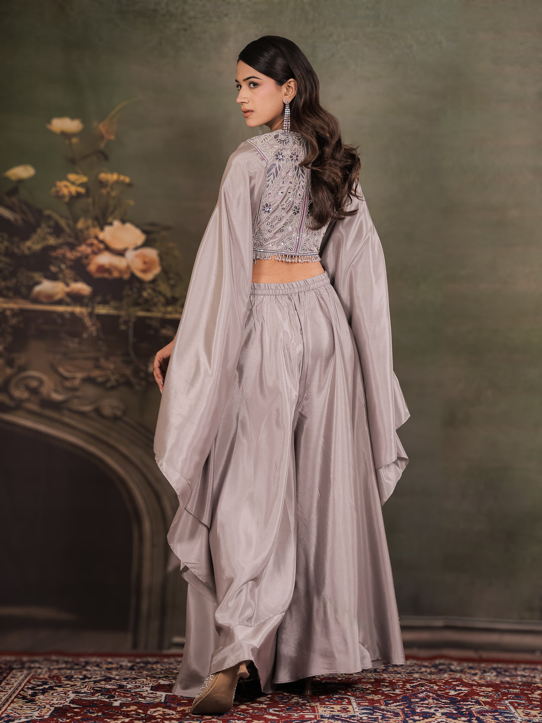 Silver Grey Satin Co-Ord Set with Intricate Embroidered Cape Sleeves & Wide-Leg Palazzo